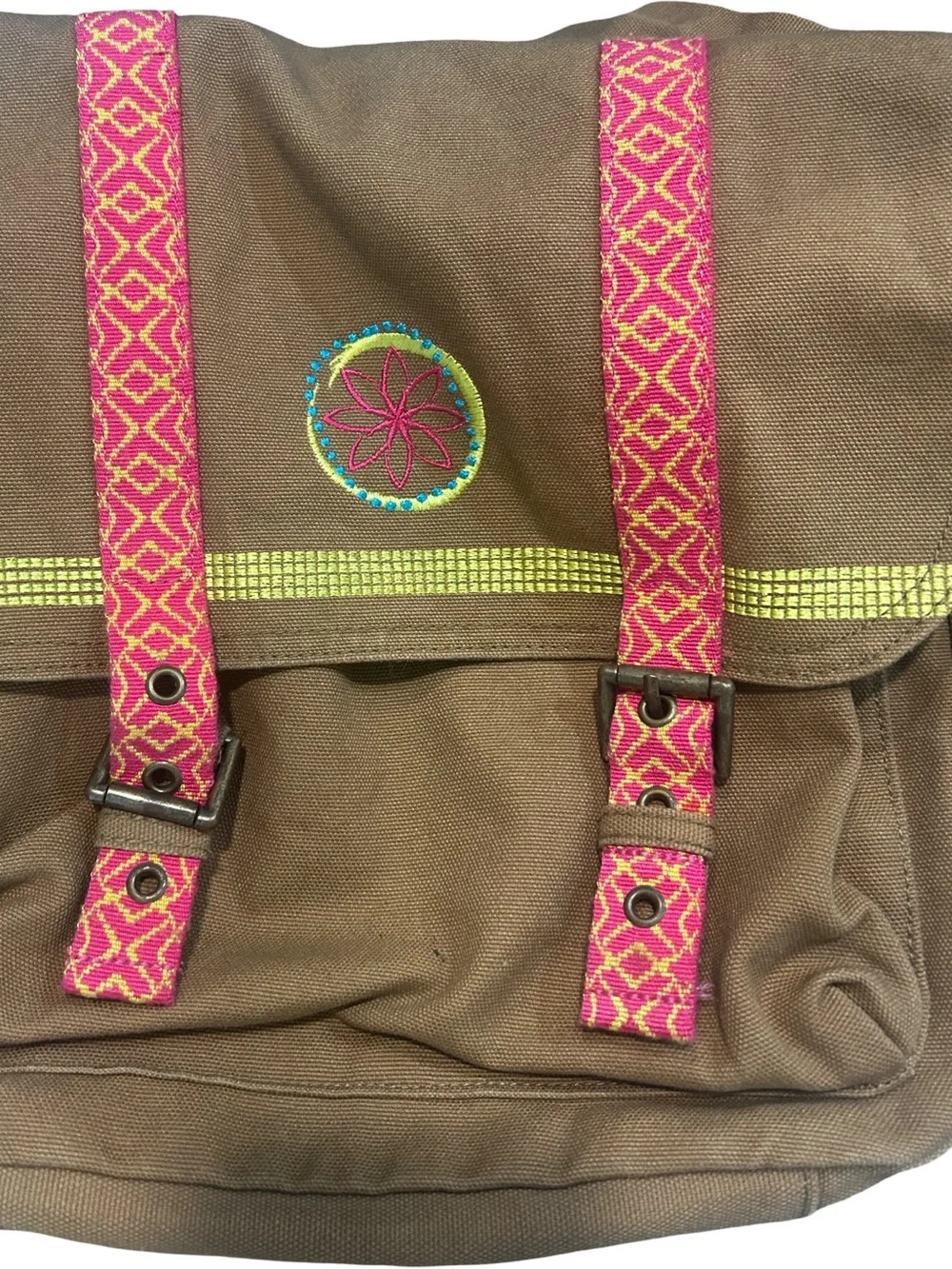 American Girl Brown Canvas Crossbody with Pink Patterned Straps and Yellow Trim